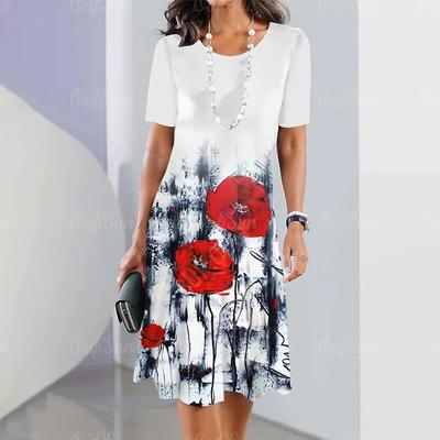 Модное женское свободное платье-трапеция с принтом в виде О-образного выреза и коротким рукавом с принтом листьев