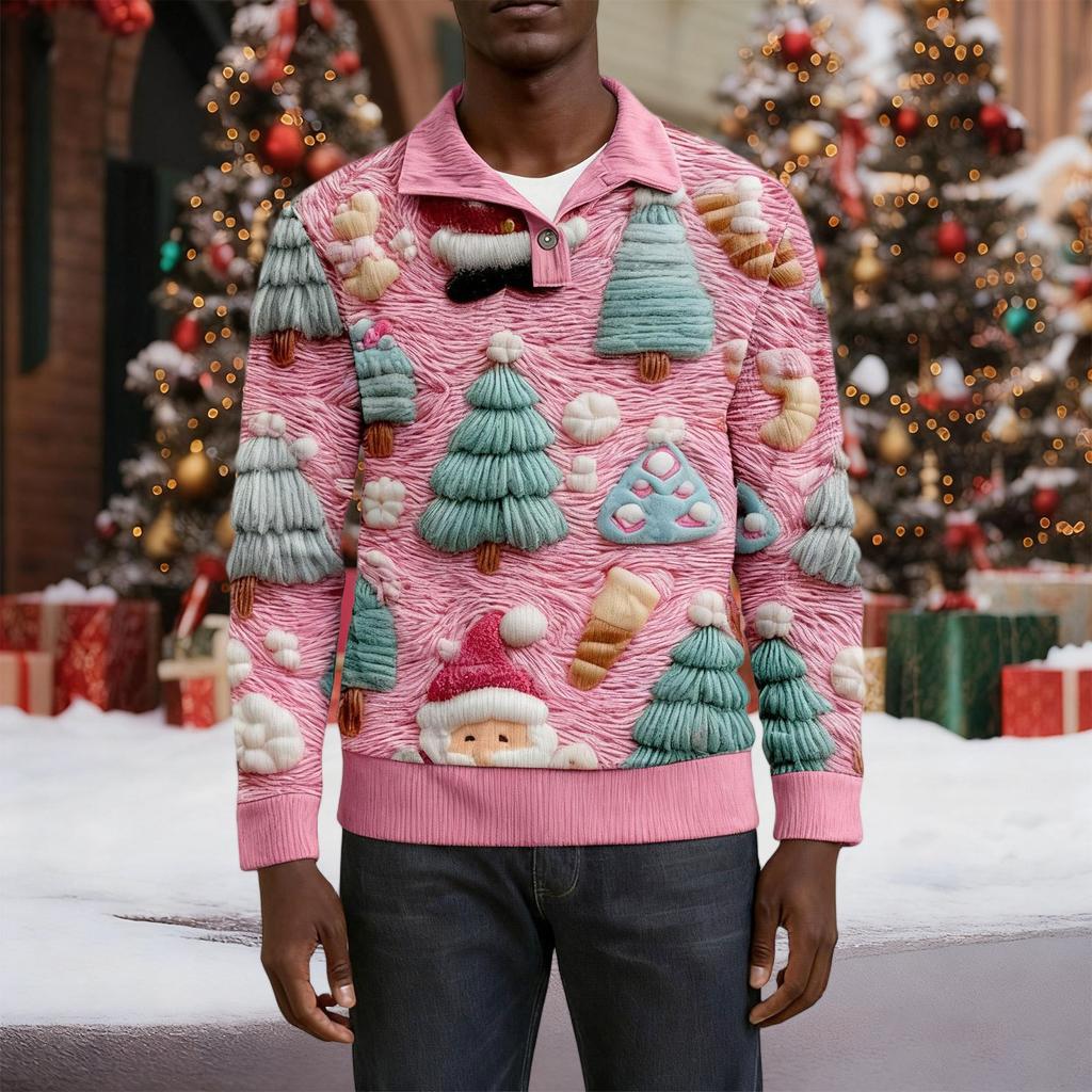 Мужская рождественская хлопковая рубашка-пуловер с длинным рукавом для активного отдыха, винтажная вельветовая рубашка с воротником-стойкой и пуговицами, повседневная толстовка с рождественским принтом