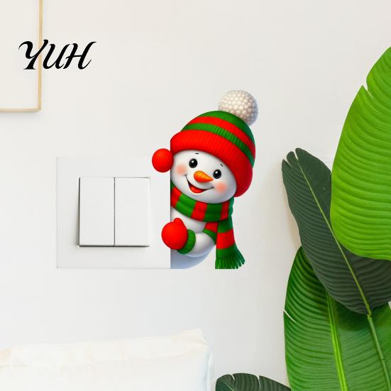 Decorative Socket Stickers Christmas Snowman Switch Sticker, Removable PVC Decal, Peeking Ornaments Cartoon Wall Art for Holiday Bedroom Atmosphere