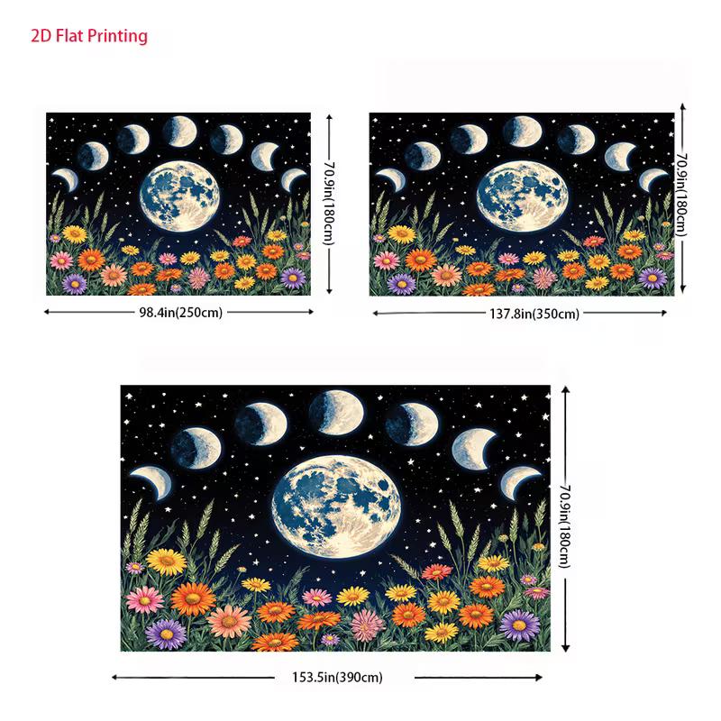 2D Flat Celestial Backdrop Lunar Cycle with Wildflowers Under Starry Sky Background Cloth