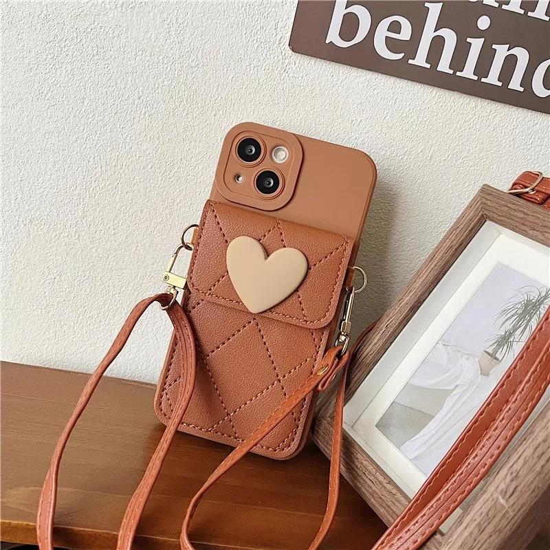 Cute Crossbody Lanyard Necklace Strap Card Holder Phone Case For iPhone 16 15 14 11 12 13 Pro Max X XR Plus 3D Love Heart Cover