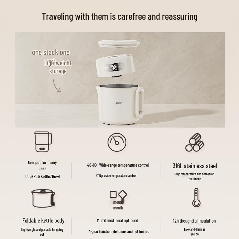 Midea Portable Folding Travel Electric Kettle CN plug (adapter included)