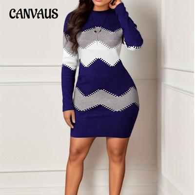 Осенне-зимнее женское платье Короткое платье средней длины с круглым вырезом и длинными рукавами с принтом трикотажное платье на бедрах