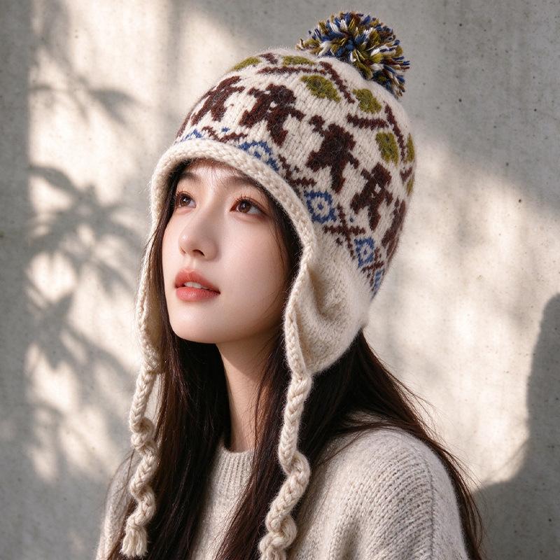 Fair Island style jacquard long braid knitted ear hat women's autumn and winter warm atmosphere versatile wool hat Lei Feng hat