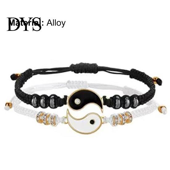 Vintage Bracelets 2Pcs Couple 2 Matching Yin Yang Hand Knitted Unisex Men Women Shiny Rhinestones Adjustable for Valentines Day Tai Chi