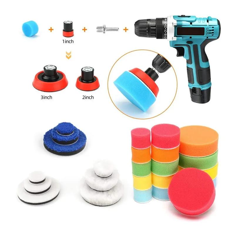 29Pcs Car Foam Drill Polishing Pad Kit 1.2/2/3 Inch Buffing Pads Sponge Set Kit M14 Drill Adapter Power Tool Car Polisher