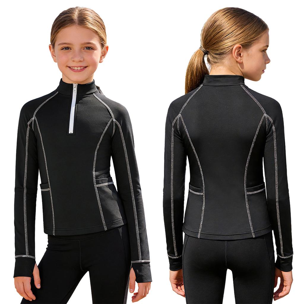 Детская рубашка для девочек для верховой езды с воротником-стойкой, длинными рукавами, отверстиями для большого пальца, застежкой-молнией, пуловер, спортивный топ с карманами