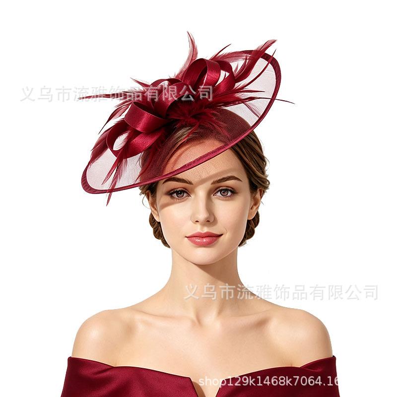 Vintage Bridal Mesh Headdress Feather Head Flower Headdress Top Hat Wedding Dress with Racing Party Headdress