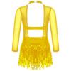 Girls Dance Costume Mesh Long Sleeve Shiny Sequins Hollow Back Patchwork Style Tassel Dress