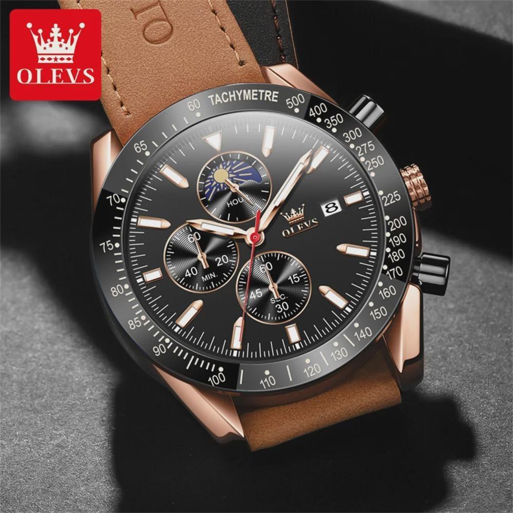 Luxury Quartz Watch for Men Nubuck Leather Strap Waterproof Chronograph Wristwatch New In Moon Phase Man Watch