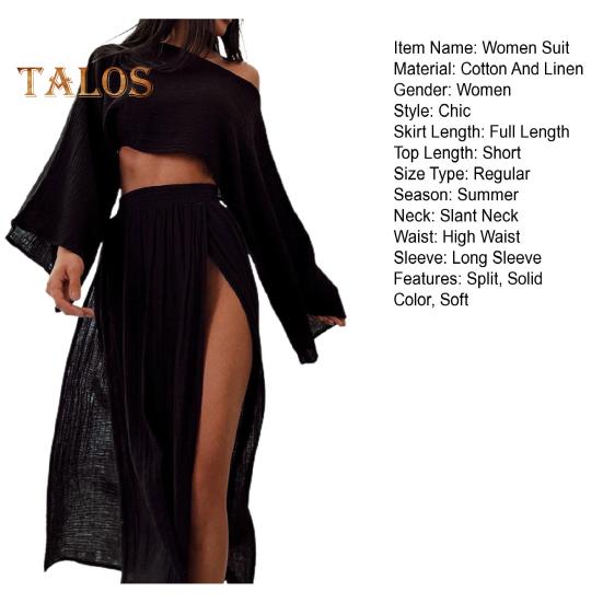 2 шт./компл. женский укороченный топ с юбкой, комплект с длинным рукавом, наклонным вырезом, короткий топ с высокой талией, разделенная юбка, сплошной цвет, пляжное бикини для отдыха, клубный вечерние топ