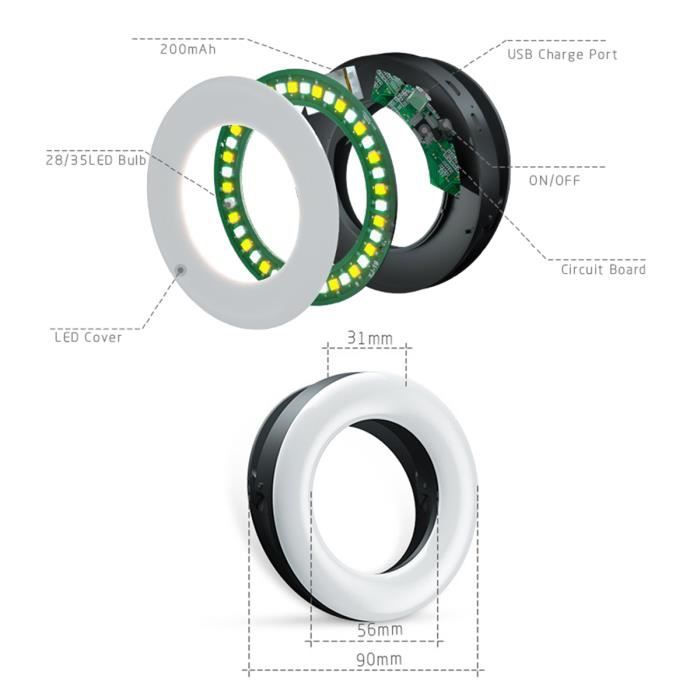 Anneau lumineux de selfie rechargeable TEMPSA à LED, lumière blanche, USB, F16895
