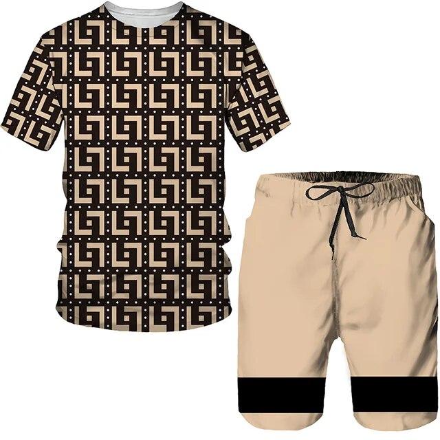 Летний мужской комплект, повседневный костюм-футболка с короткими рукавами, модный топ большого размера с 3D принтом, шорты, дышащая спортивная одежда, спортивный костюм, уличный