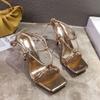 Summer Women 9cm High Heels Strappy Gold Prom Sandals Fetish Sandles Lady Valentine Stripper Sexy Luxury Brand Up Toe Shoes