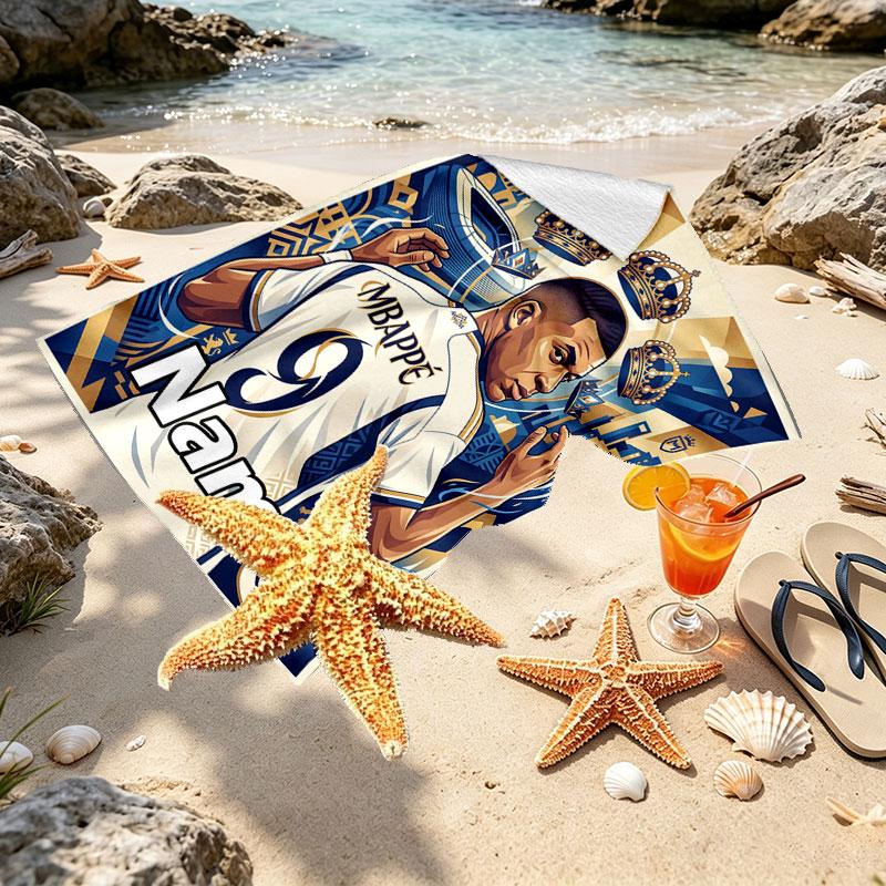 Custom Name Personalized Kylian Mbappe Print Beach Towel, for Trip Camping Beach Party Home Decor, Birthday Gift for Family & Friends