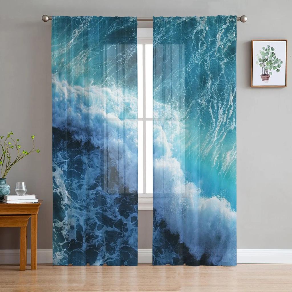 Blue Sea Waves Tulle Curtains for Living Room Drapes Window Sheer Modern Curtains for Bedroom Decor