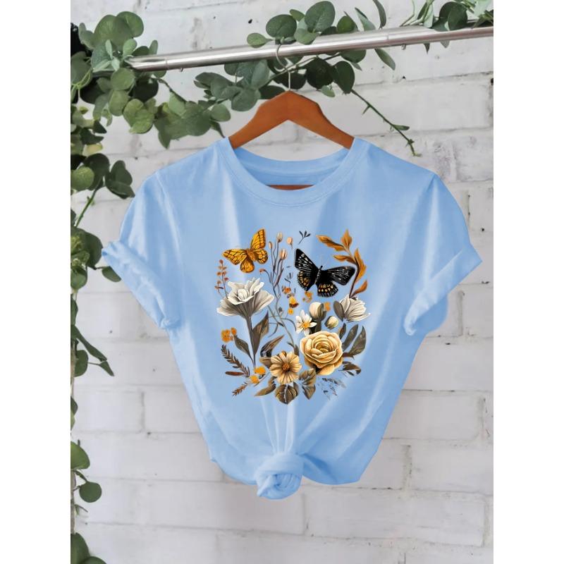 Футболка из хлопка, летняя, с коротким рукавом, круглым вырезом, с цветочным узором, женская