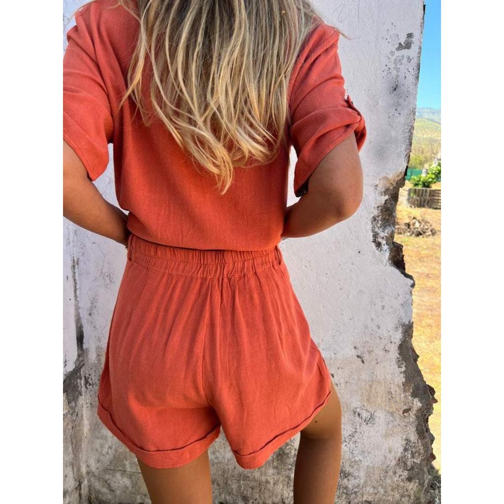 Льняной костюм-двойка, Свободная рубашка, Шорты с высокой посадкой, Хлопково-льняные шорты с коротким рукавом, Повседневный, Женский, Костюм