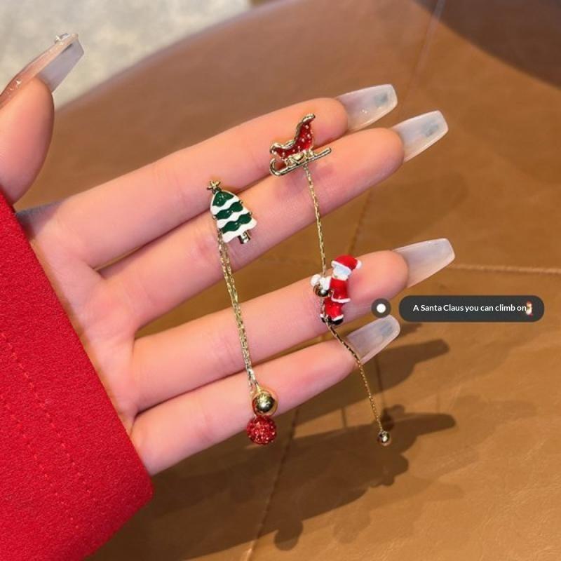 Moving Santa Claus Tassel Dangle Earrings For Women Christmas Tree Asymmetric Long Chain Gift
