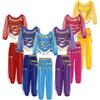 Kids Girls Belly Dance Performance Outfit Sparkly Sequin Self-Tie Back Long Sleeve Irregular Hem Crop Top with Pants Hip Scarf