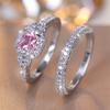 Fashion Silvery Color Princess Cut Pink Stone Ring Set Luxury Love Engagement Ring Vintage Wedding Jewelry Set