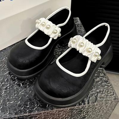 Модные женские туфли Мэри Джейн на толстой подошве, осенние новые туфли с круглым носком, мелким горлом, вышитые бисером, с одной линией пряжки