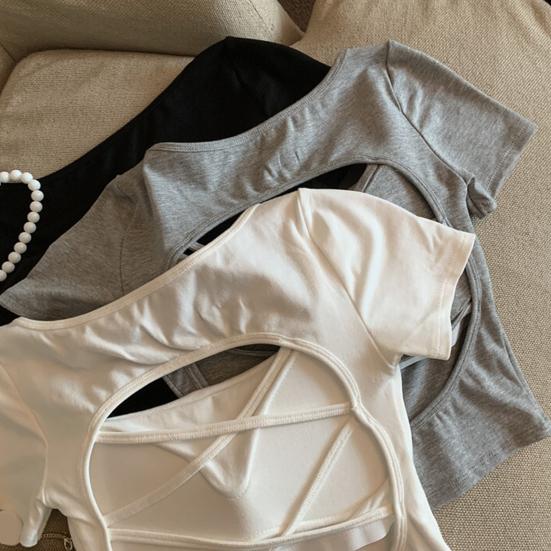 Женская футболка с квадратным воротником и коротким рукавом, с вырезом на спине, однотонная облегающая укороченная футболка, повседневная одежда