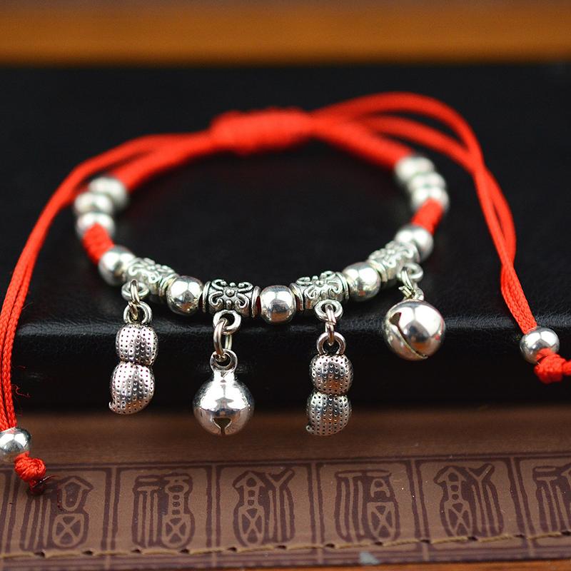Simple Silver Retro Ethnic Style Anklet Female Beaded Red Rope Ankle Girl Accessories
