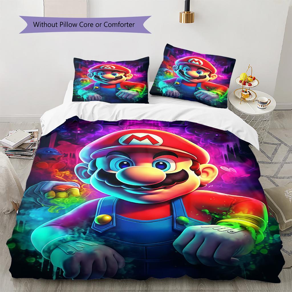 Super Mario Cartoon Bedding 3 Piece Set Soft Comfortable Duvet Cover Set Kids Bedroom Game Theme Bed Linens Home Textile