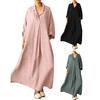 Autumn Spring Women Maxi Dress A-line Loose Hem Long Sleeves V Neck Pleated with Side Pockets Pullover Pure Color Daily Wear DressHandbags