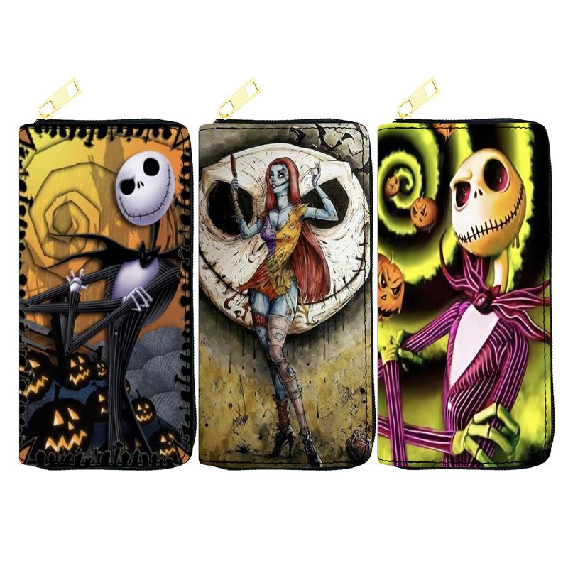 Nightmare Before Christmas PU Leather Long Wallet for Women Zip Clutch Purse Jack Skellington Makeup Bag Black 3pcs