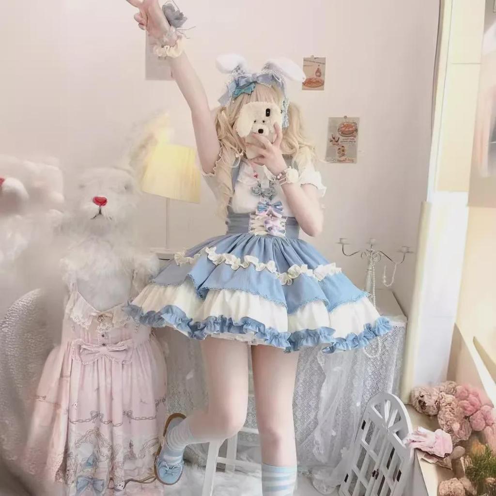 Юбка на подтяжках в стиле милой собачки Лолиты с рубашкой с воротником-стойкой