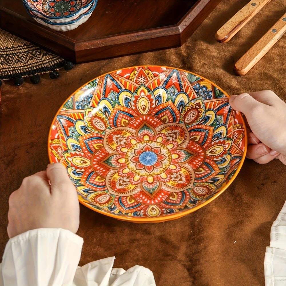 8in Ceramic Dinner Plate Mandala Underglaze Serving Plate Bohemian Ceramic Plate Home Kitchen
