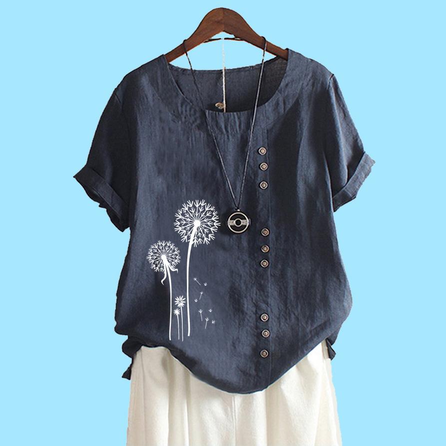 Women Fashion Cotton Linen Top Blouse Summer&fall Short Sleeve T-shirt Laides Casual Floral Print Loose Blouse