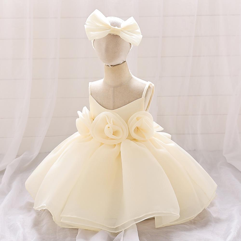Toddler Girls 1st Birthday Dress with Heandband Bow Cute Baby Baptism Gown Kids Wedding Party Elegant Princess Vestidos Christmas Costume Dress
