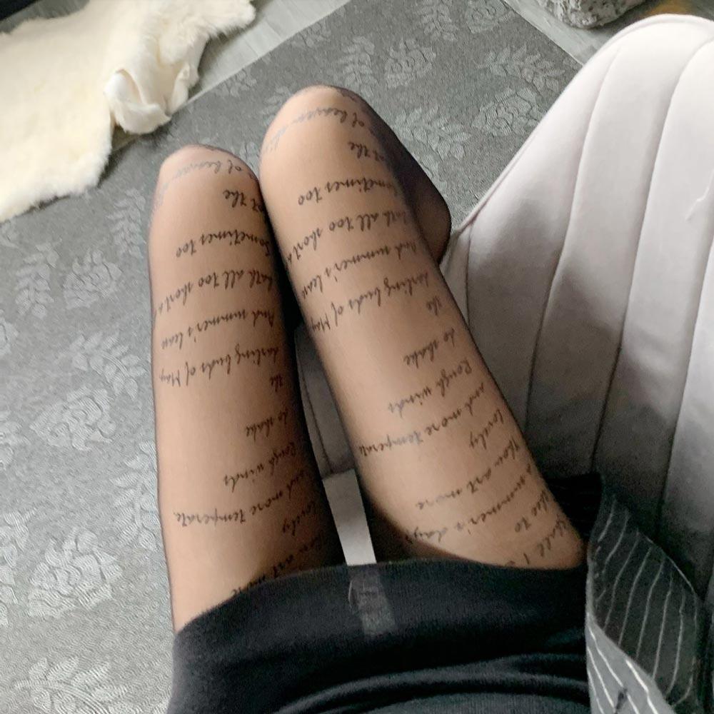 Женские чулки с принтом, вечерние готические колготки с надписями, нейлоновые тонкие колготки с татуировкой, офисное сексуальное женское белье в стиле Лолиты