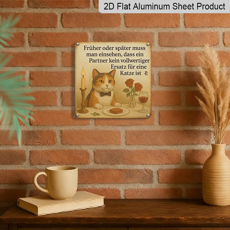 2D Flat, 1pc, Cat Lover Decor, Funny Cat Sign, Vintage Aluminium Sign, Home Wall Art, A Partner Is No Substitute for A Cat, Humorous Cat & Wine Sign