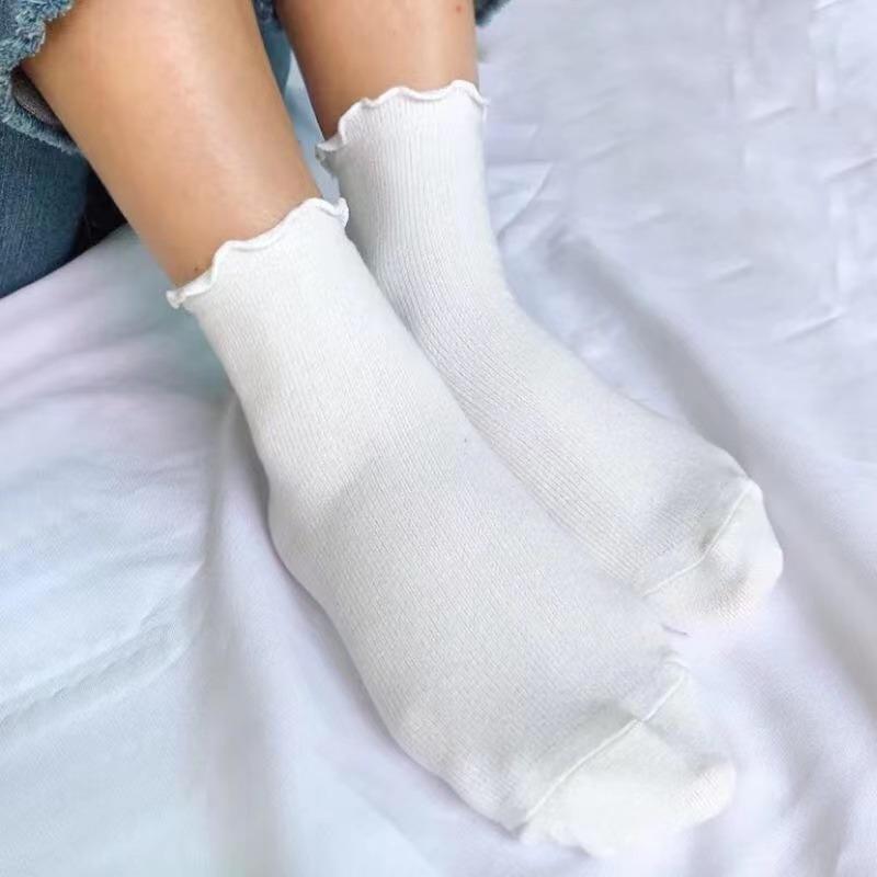 5 пар хлопковых носков с оборками для женщин, милые кавайные корейские носки для девочек, весна, черные, белые, средняя трубка, японские носки