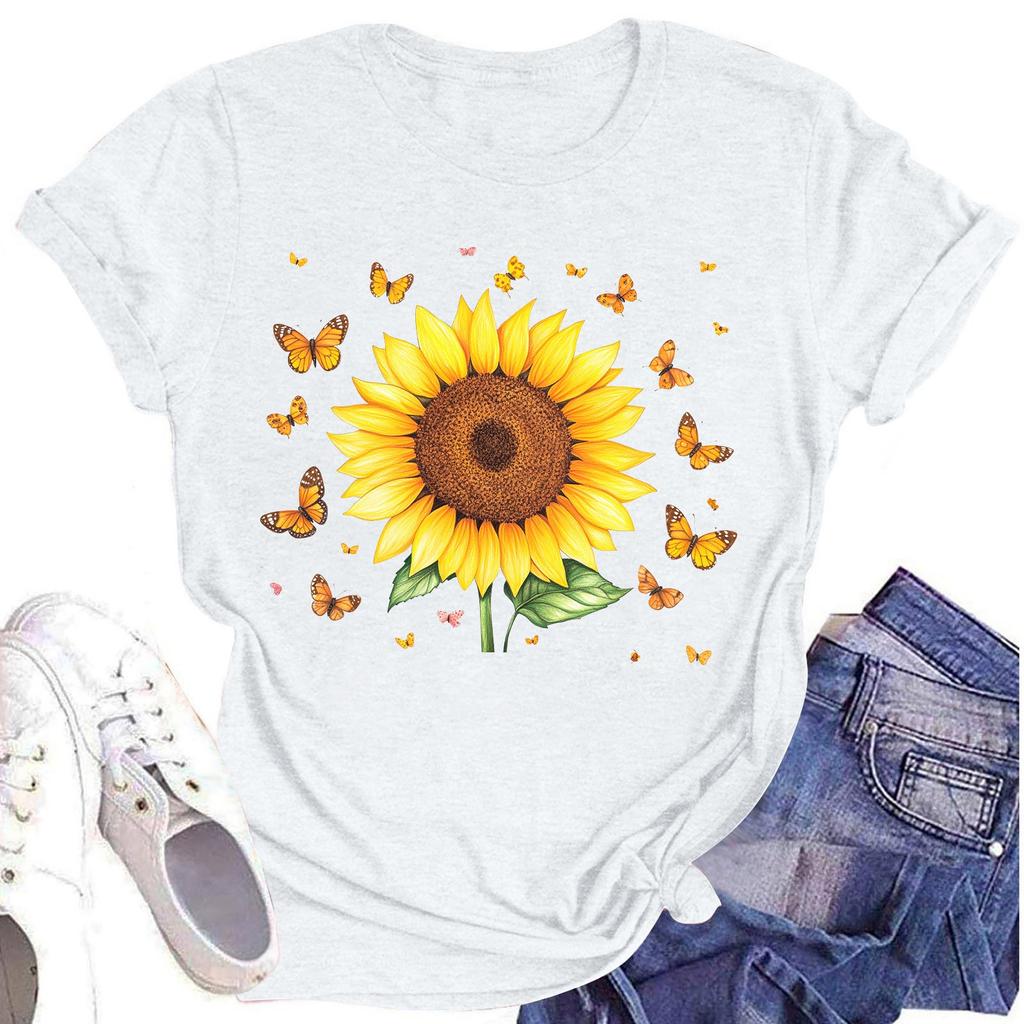 Женская повседневная футболка с круглым вырезом и цветочным принтом, короткий рукав