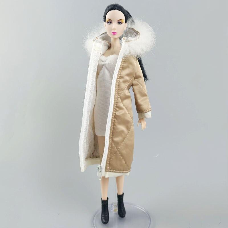 Зимнее шампанское длинное пальто на молнии с шапкой наряды одежда для кукол Барби куртка одежда для 1/6 куклы BJD аксессуары для детей