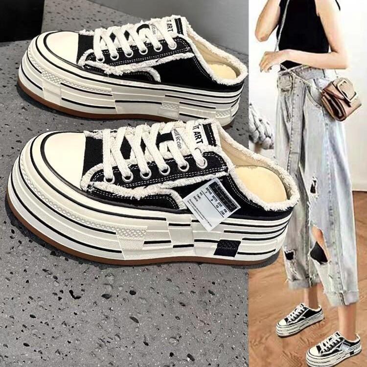 Internet Celebrity Platform Canvas Burr Bag Head Half Slippers Women's Summer 2025 New Versatile Summer Casual Thin Beggar Shoes