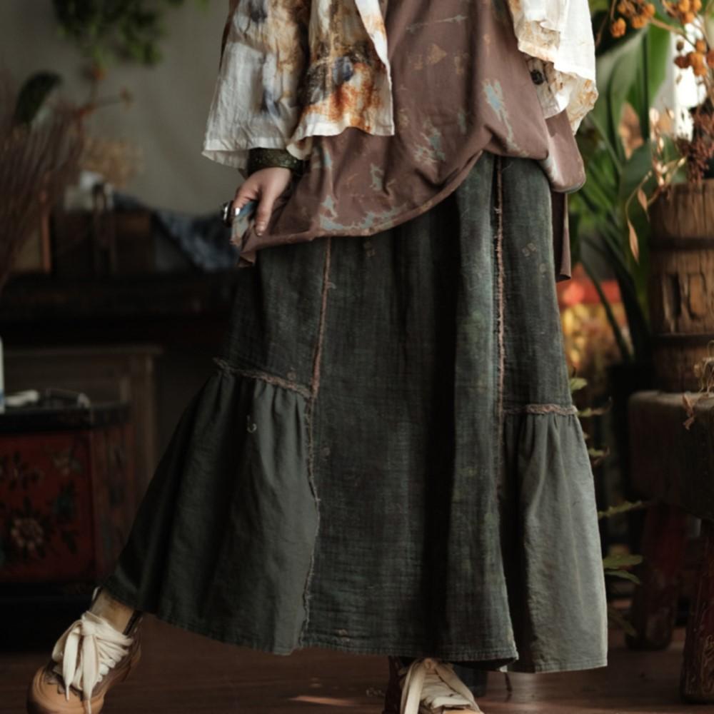 Johnature Women Vintage Green Skirts Elastic Waist Patchwork Loose Autumn Chinese Style Female A-Line Skirts