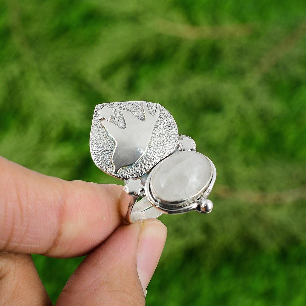 Gift For Her 925 Silver Natural Rainbow Moonstone Promise Bird Adjustable Ring