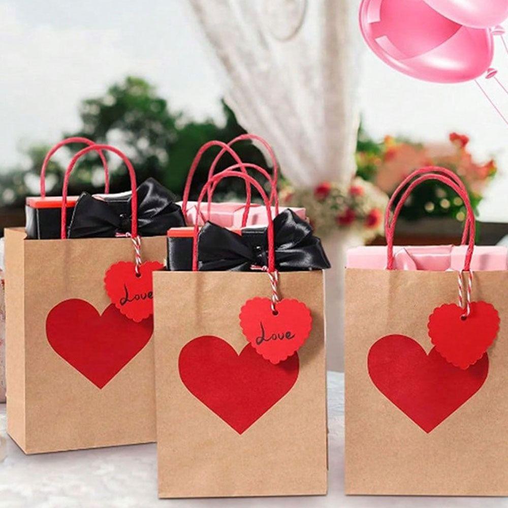 10/12pcs Red Heart Kraft Kraft Paper Gift Bags DIY LOVE Romantic Heart Shaped Bag Handheld Gift Packing Bag Shopping Tote