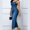 Women's European & American African Denim Halter Jumpsuit: Whitened, Washed, Stretchy, Tie Waist Belt.