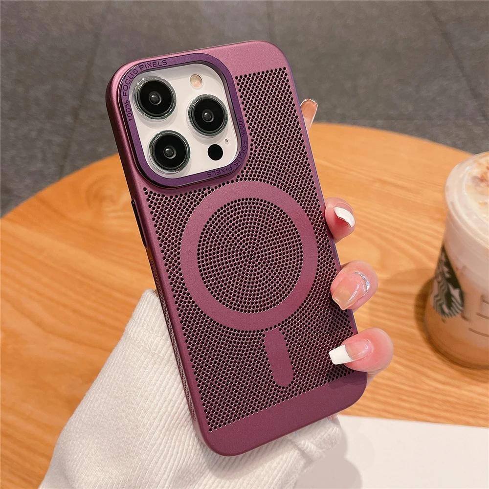 Ultra Thin Heat Dissipation Mesh Grid Magnetic Case for iPhone 15 13 12 14 11 Pro Max Matte Hard Steel Magsafing Shockproof Cove