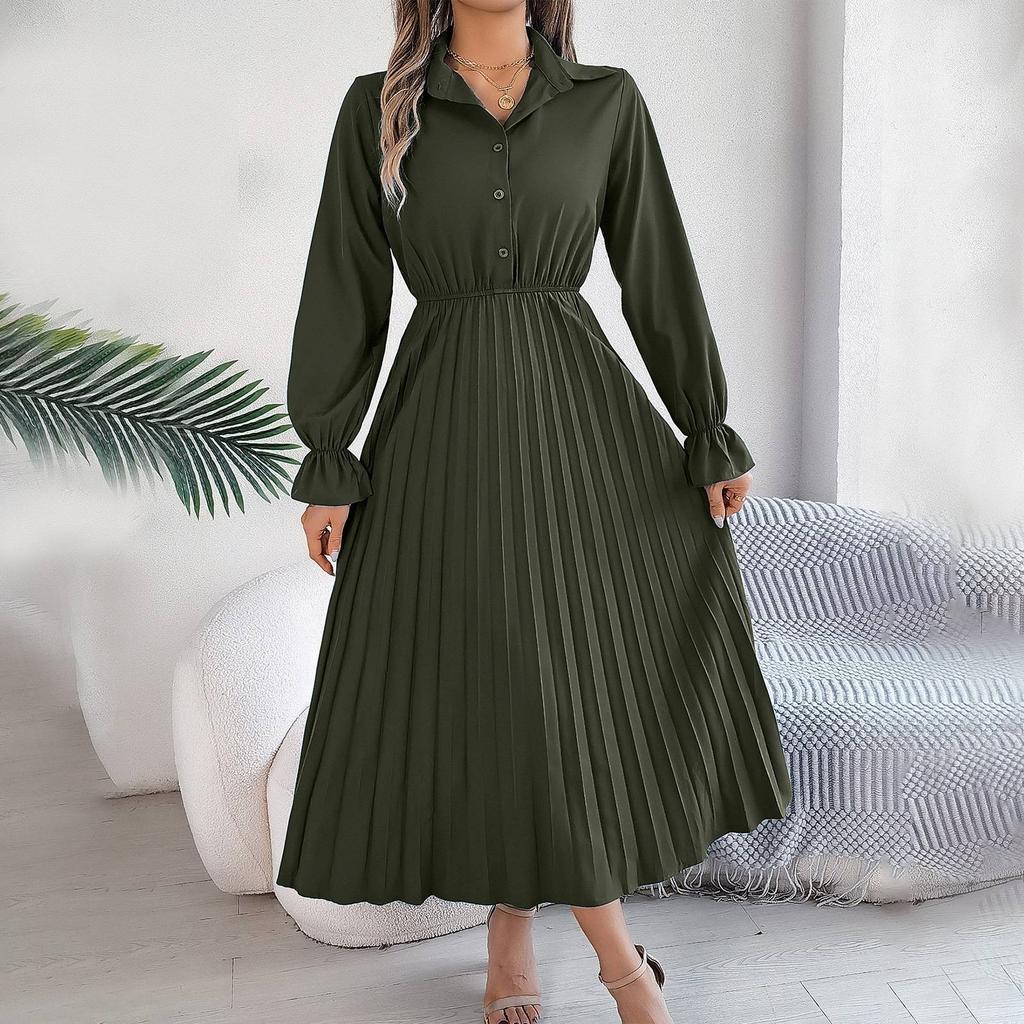 Женское модное ретро однотонное платье с длинными рукавами и пуговицами на талии и лацканами
