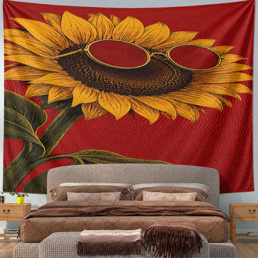 "Sunflower with Sunglasses on Red" Pattern Wall Hanging Tapestry Decorative Tapestry Home Decor for Bedroom and Living Room