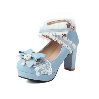 Весенняя женская обувь размера плюс 22-28 см, милые банкетные туфли в стиле Лолиты на высоком массивном каблуке с жемчугом и бантом с крестообразной пряжкой, длина фута 22–28 см.