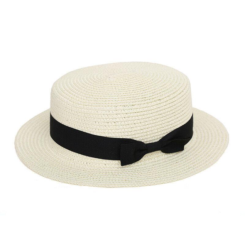 Round Flat Caps Women Large Brim Straw Bowler Boater Sun Hat Ladies Summer Beach Travel Solid Sunhat